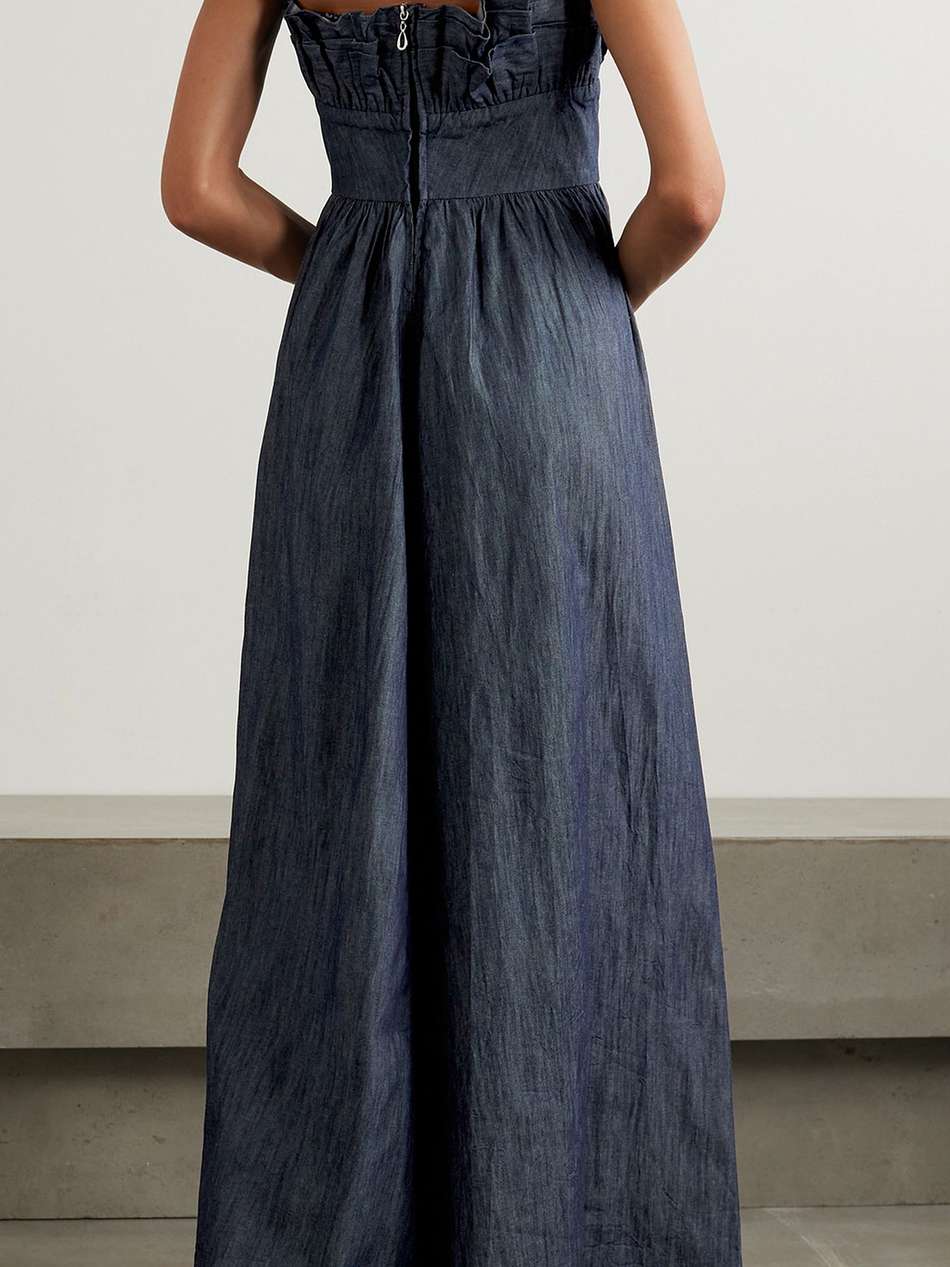 amara ruffled appliquéd denim maxi dress