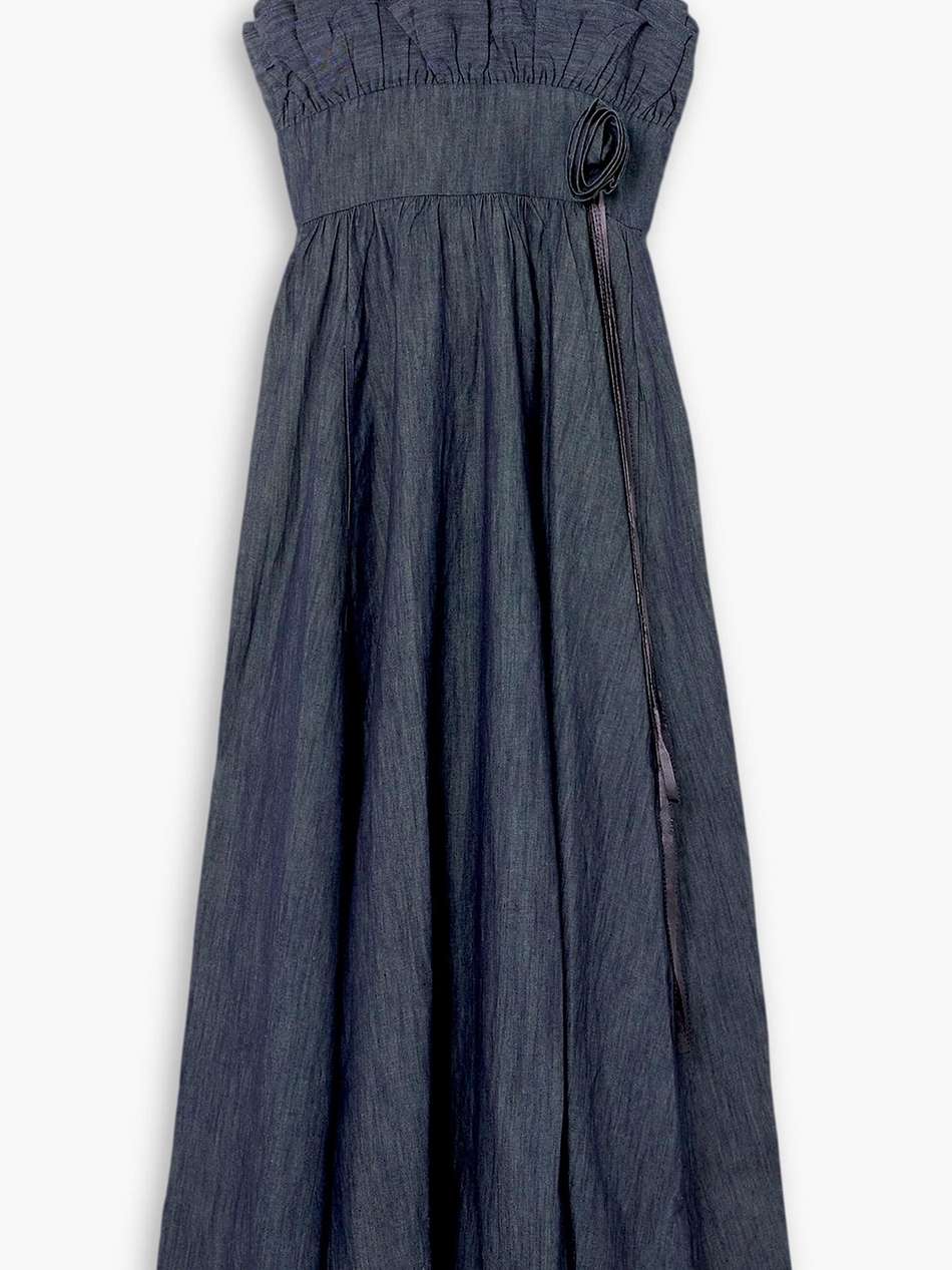 amara ruffled appliquéd denim maxi dress