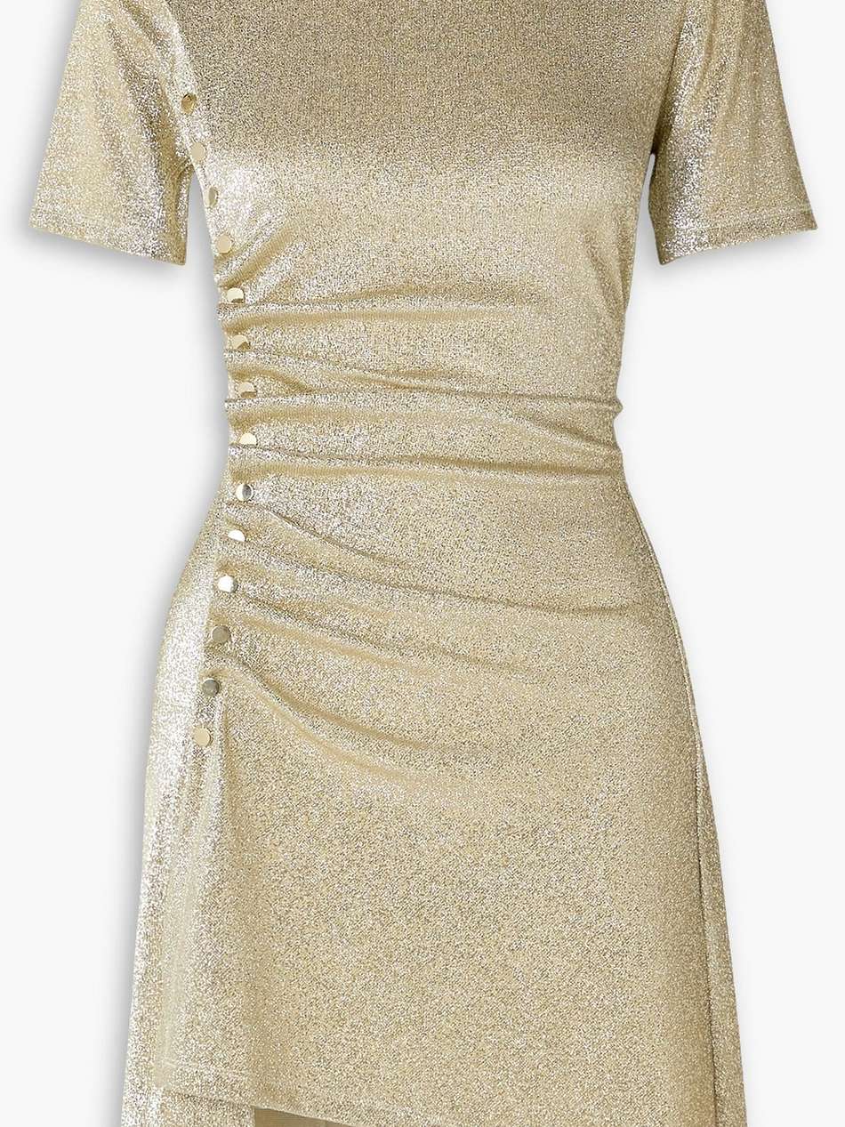 asymmetric ruched metallic crepe mini dress