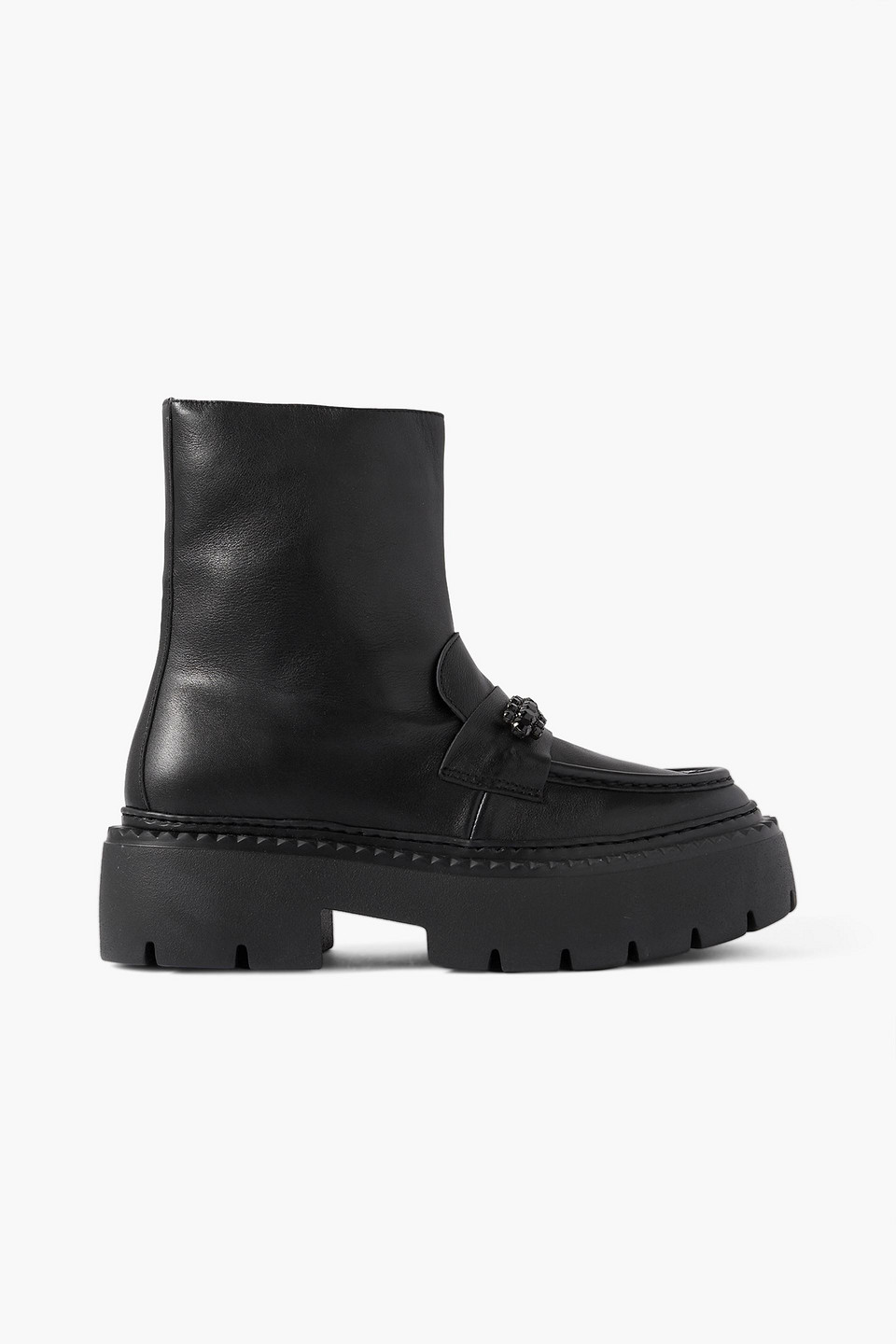 JIMMY CHOO BRYER FLAT CRYSTAL-EMBELLISHED PLATFORM LEATHER ANKLE BOOTS