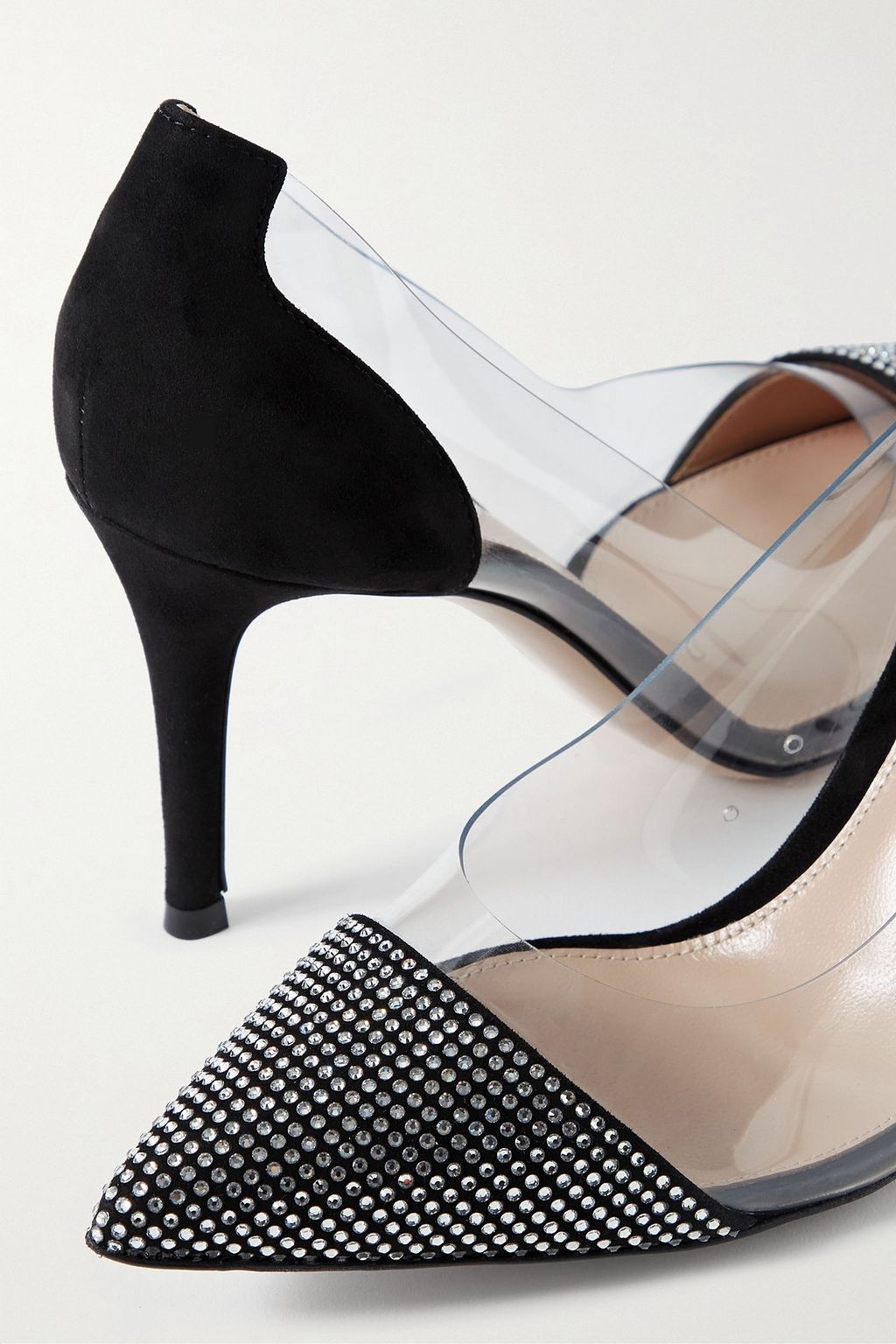 GIANVITO ROSSI 85 crystal-embellished suede-trimmed PVC pumps