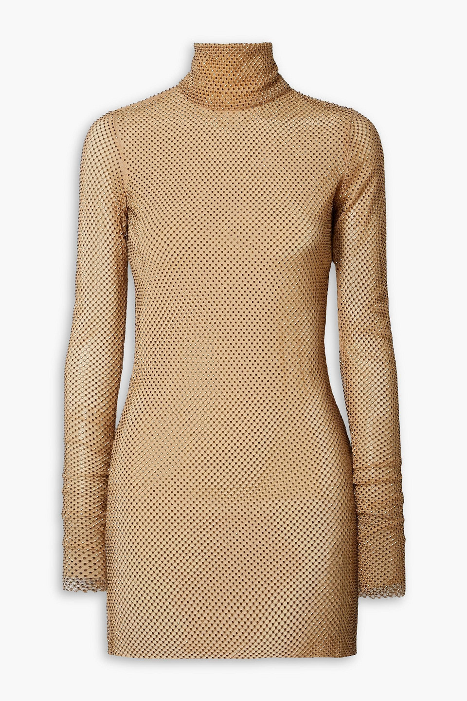 Laquan Smith Crystal-embellished Mesh And Open-knit Turtleneck Mini Dress  In Gold | ModeSens