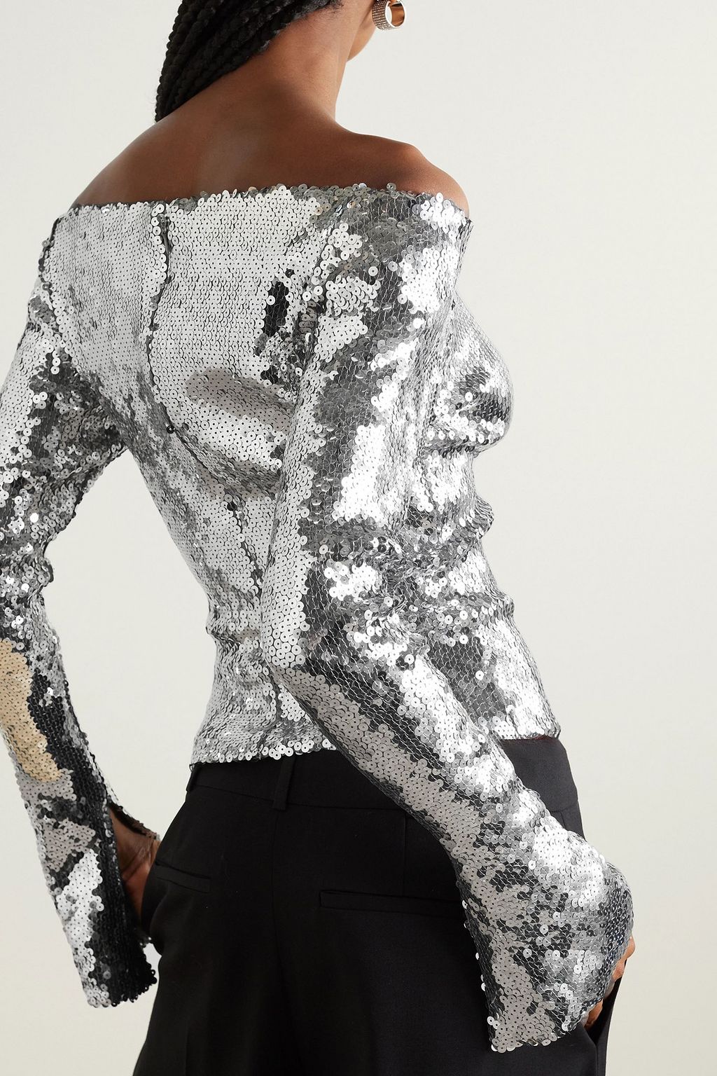 16ARLINGTON Solare off-the-shoulder cutout sequined stretch-tulle top