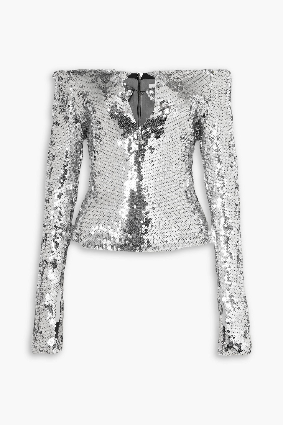 16arlington Solare Off-the-shoulder Cutout Sequined Stretch-tulle Top In Silver