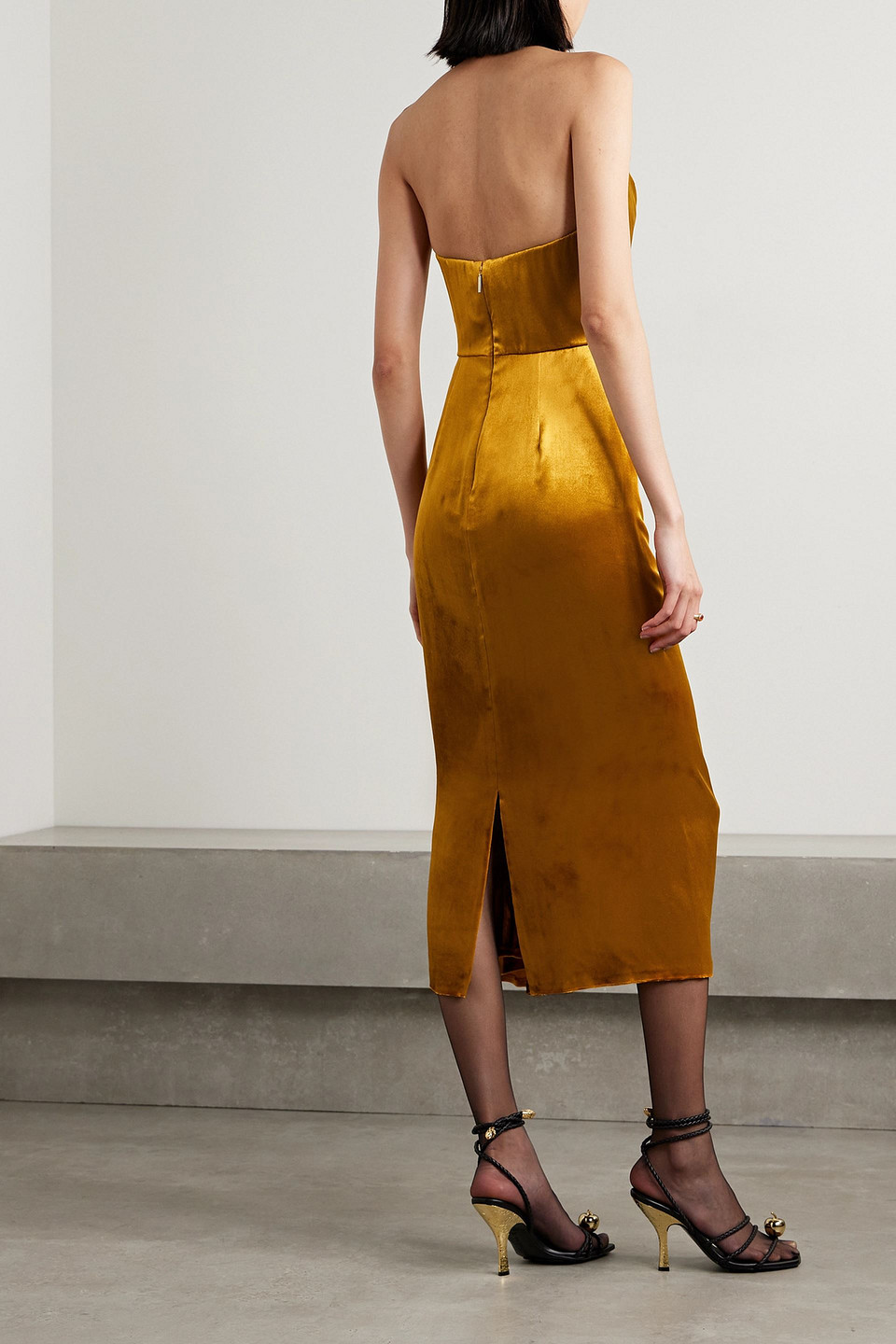 JASON WU COLLECTION STRAPLESS DRAPED VELVET MIDI DRESS