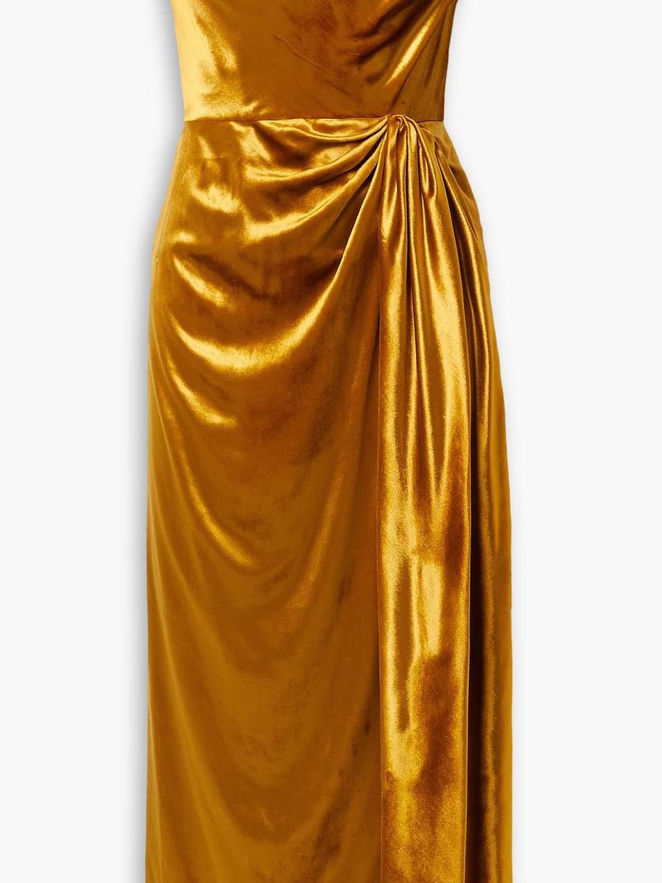 strapless draped velvet midi dress