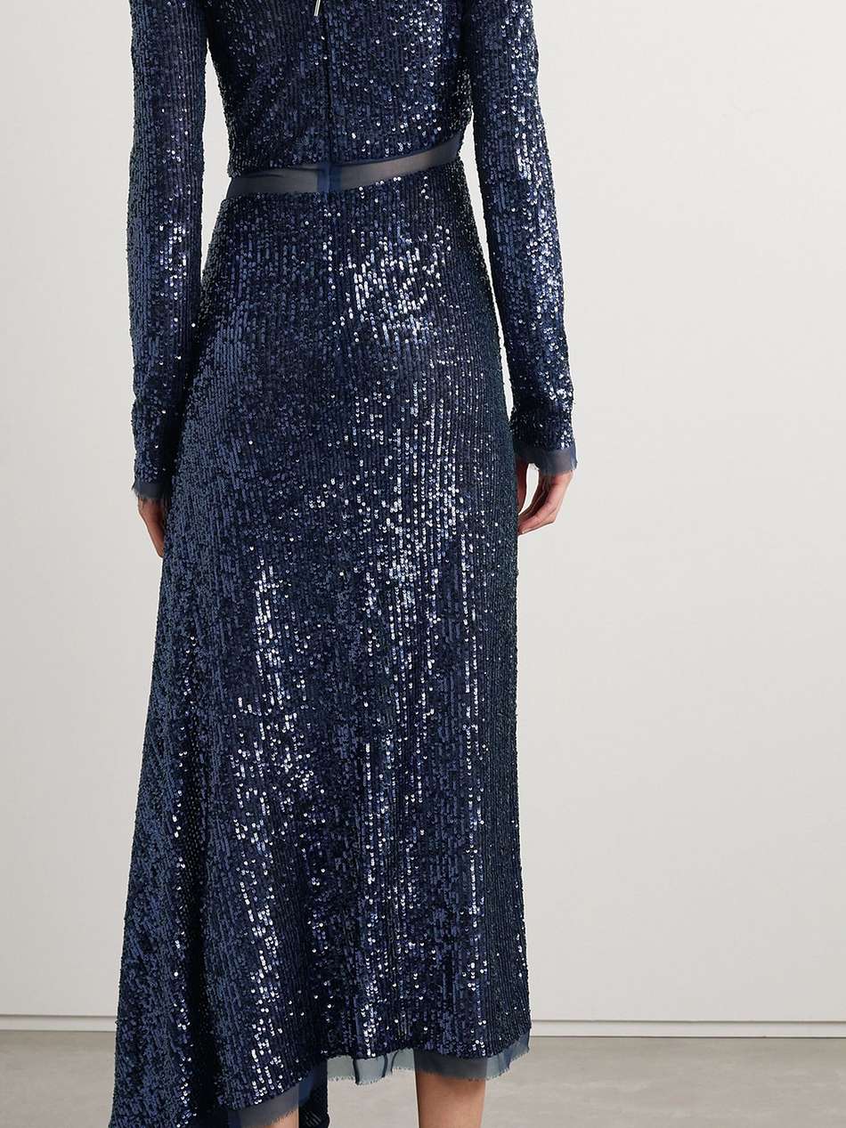 asymmetric cold-shoulder sequined chiffon maxi dress