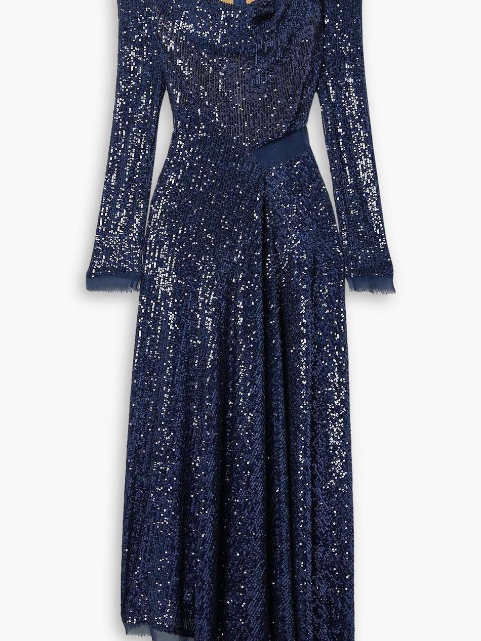 asymmetric cold-shoulder sequined chiffon maxi dress