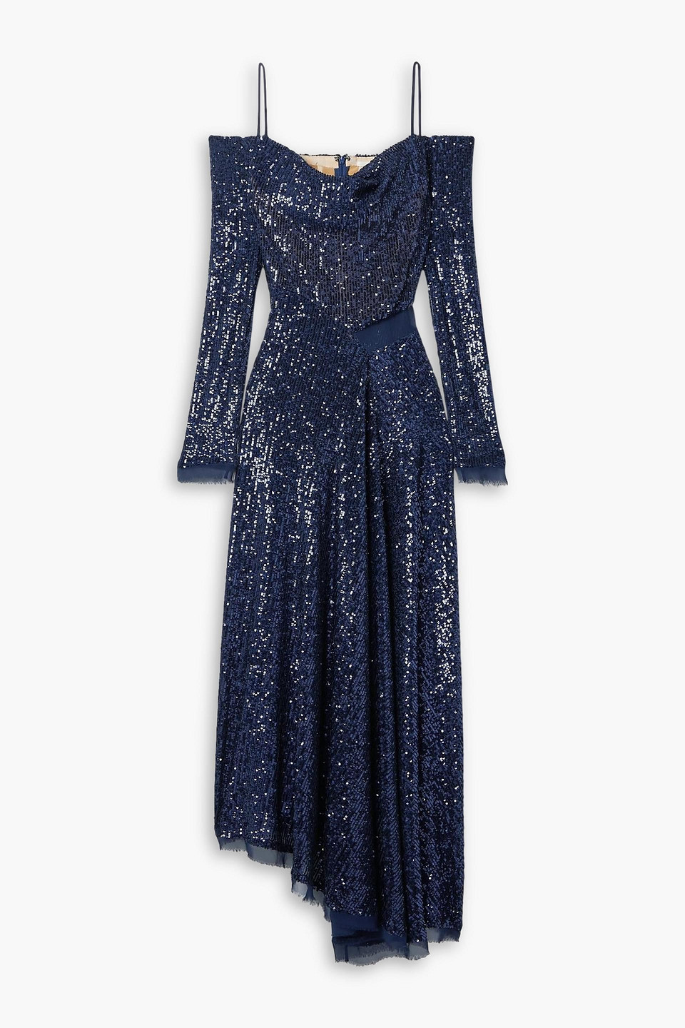 Jason Wu Collection Asymmetric Cold-shoulder Sequined Chiffon Maxi Dress In Navy