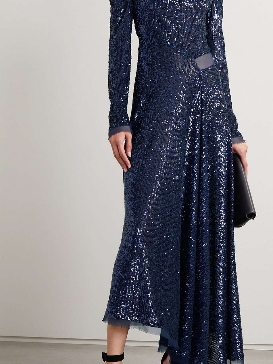 asymmetric cold-shoulder sequined chiffon maxi dress