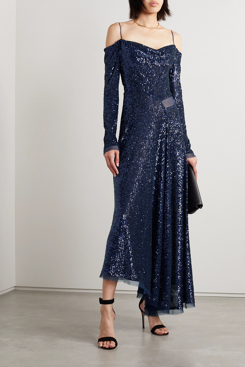 JASON WU COLLECTION ASYMMETRIC COLD-SHOULDER SEQUINED CHIFFON MAXI DRESS