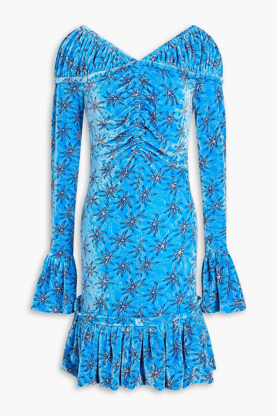 RABANNE RUCHED PRINTED METALLIC VELVET MINI DRESS