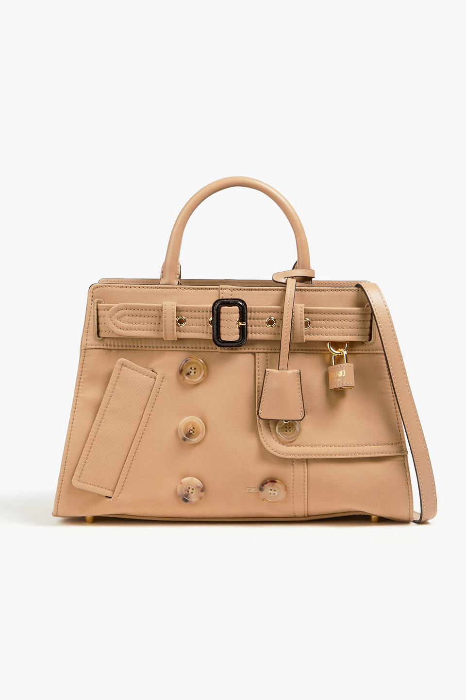 Moschino Embellished Leather-trimmed Gabardine Tote In Sand