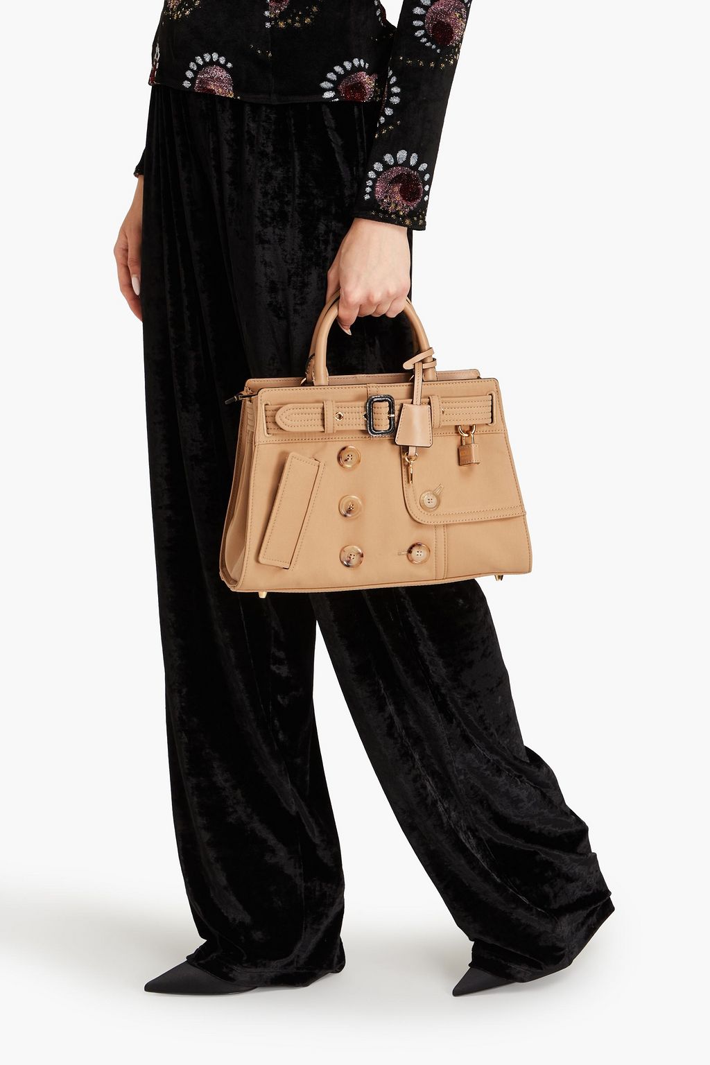 MOSCHINO Embellished leather-trimmed gabardine tote