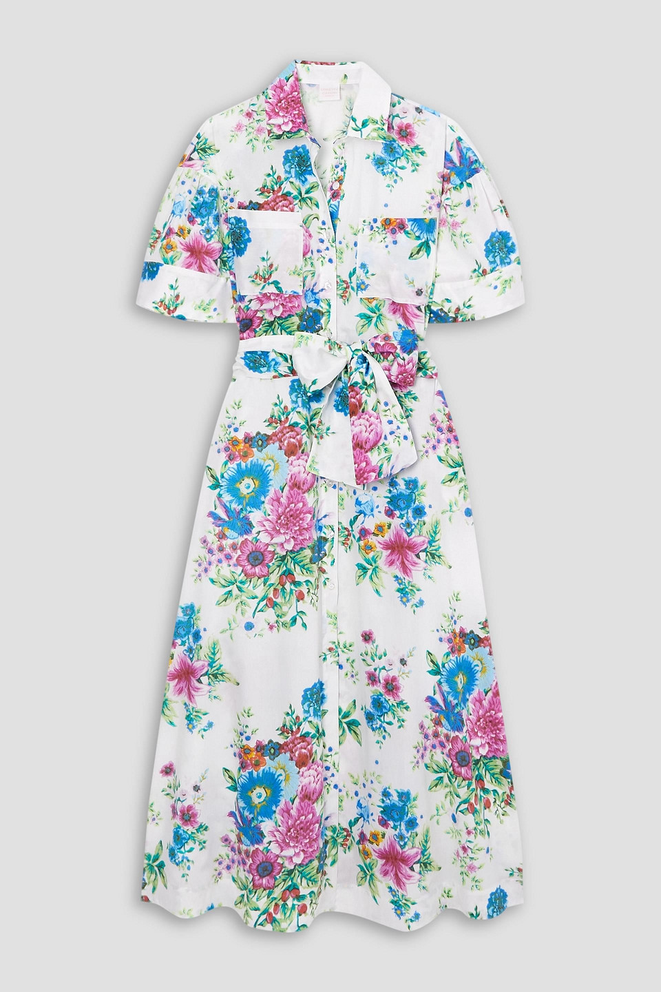 Loretta Caponi Sofia Belted Floral-print Cotton-poplin Midi Shirt Dress In White