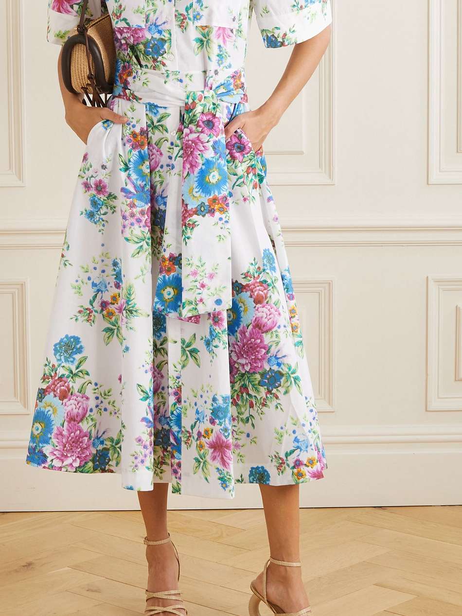sofia belted floral-print cotton-poplin midi shirt dress