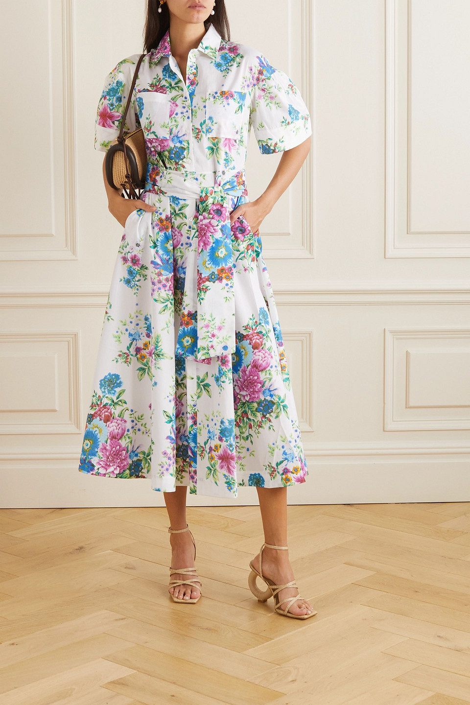 Loretta Caponi Sofia Belted Floral-print Cotton-poplin Midi Shirt Dress In White