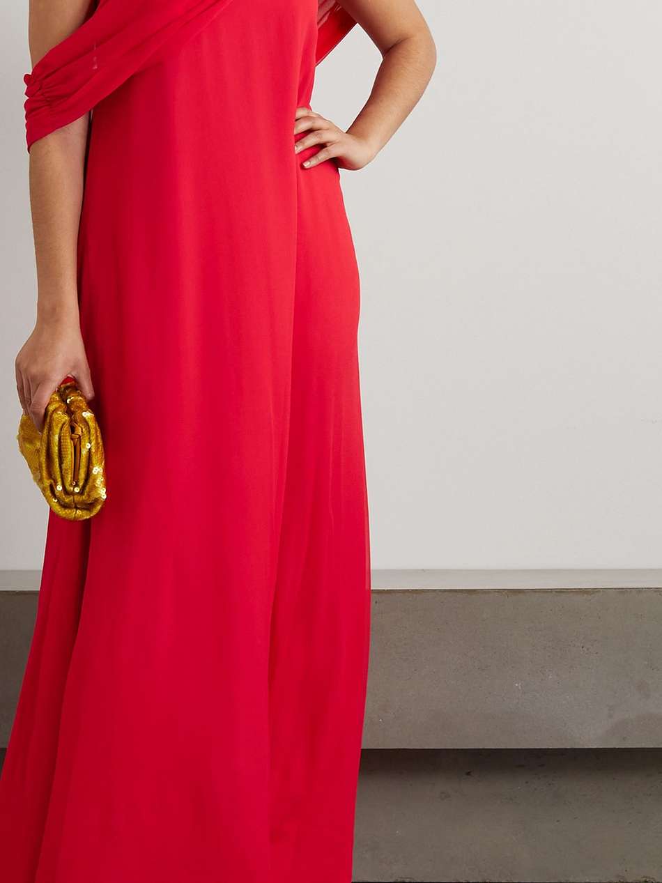 daffodil off-the-shoulder embellished silk crepe de chine gown