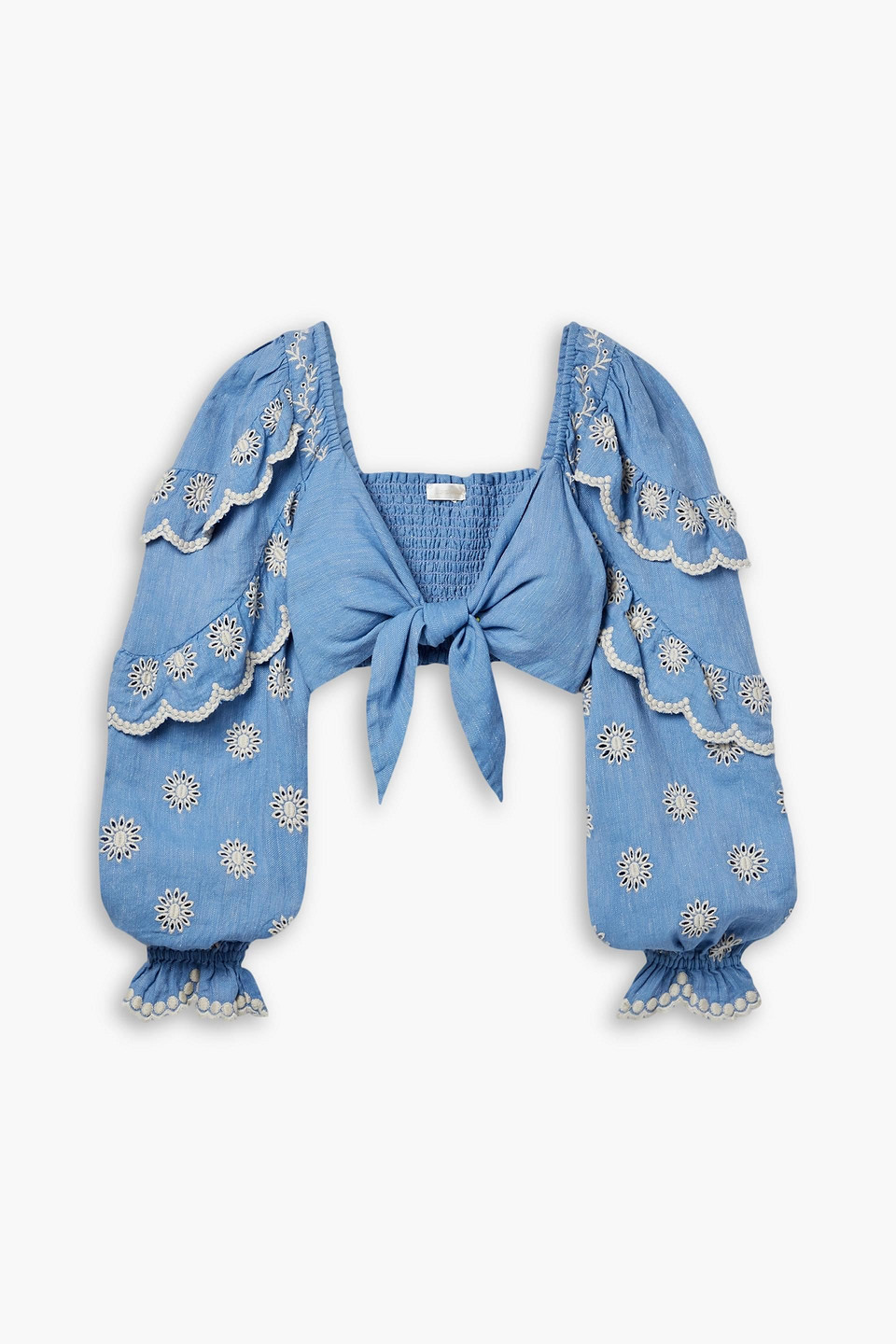 Loveshackfancy Milanti Tie-front Ruffled Broderie Anglaise Cotton And Linen-blend Top In Bleu