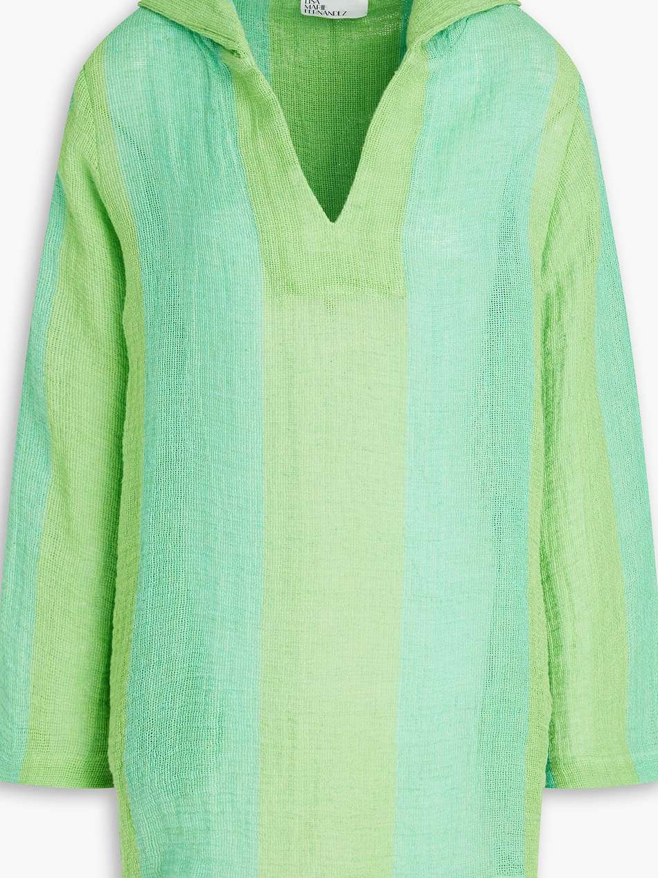 striped linen-blend gauze hooded coverup