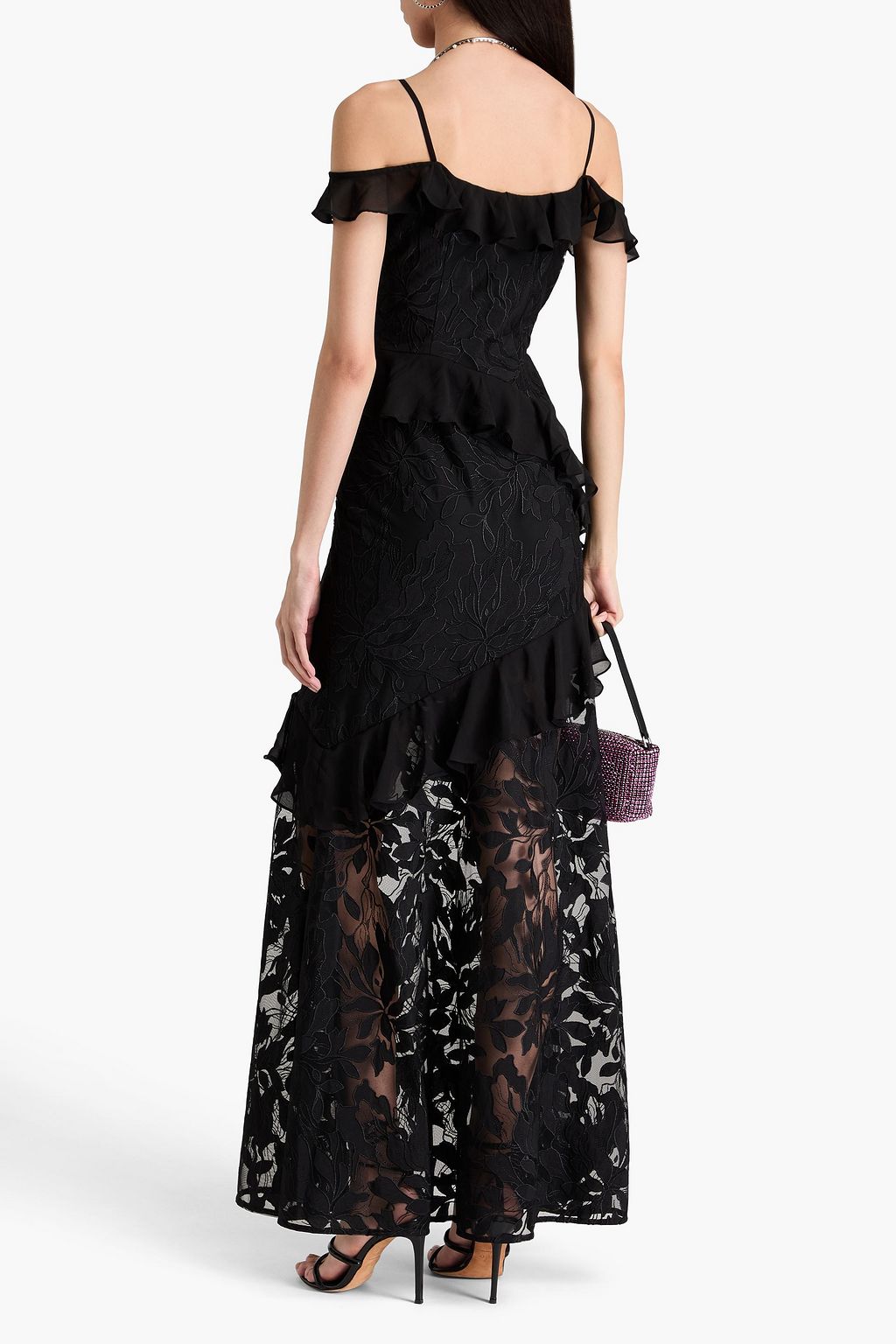 ML MONIQUE LHUILLIER Cold-shoulder ruffled embroidered tulle gown