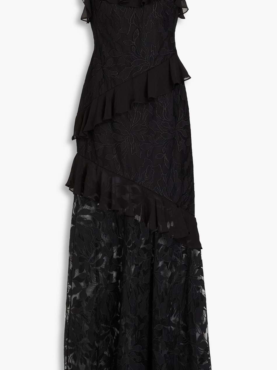 cold-shoulder ruffled embroidered tulle gown