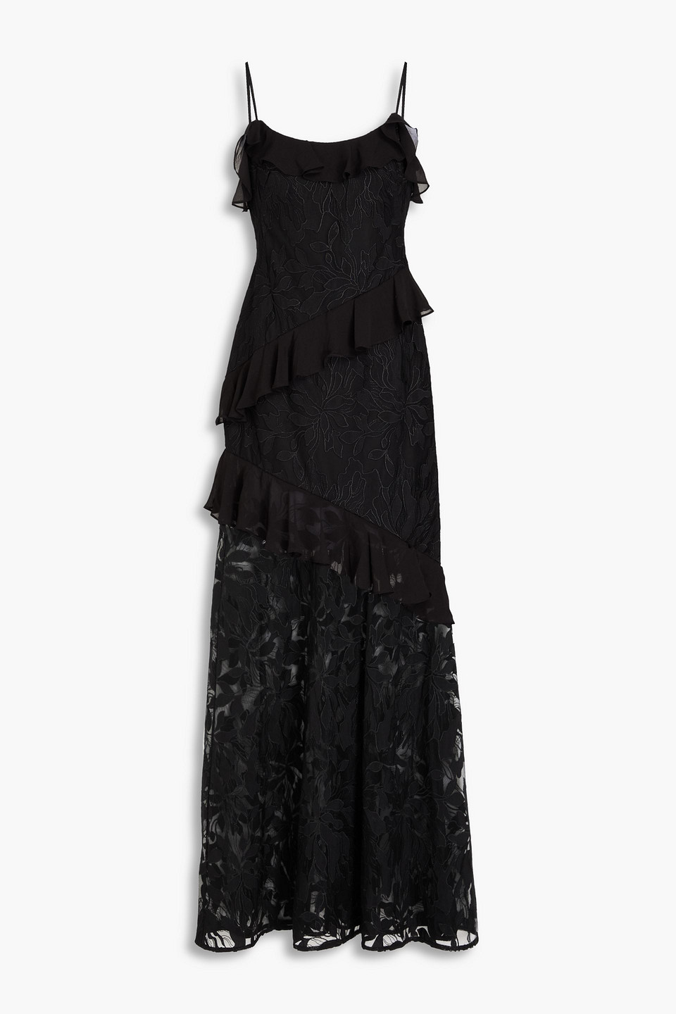 ml Monique Lhuillier Siennaruffle Cold Shoulder Lace Gown Dress In Black In Black