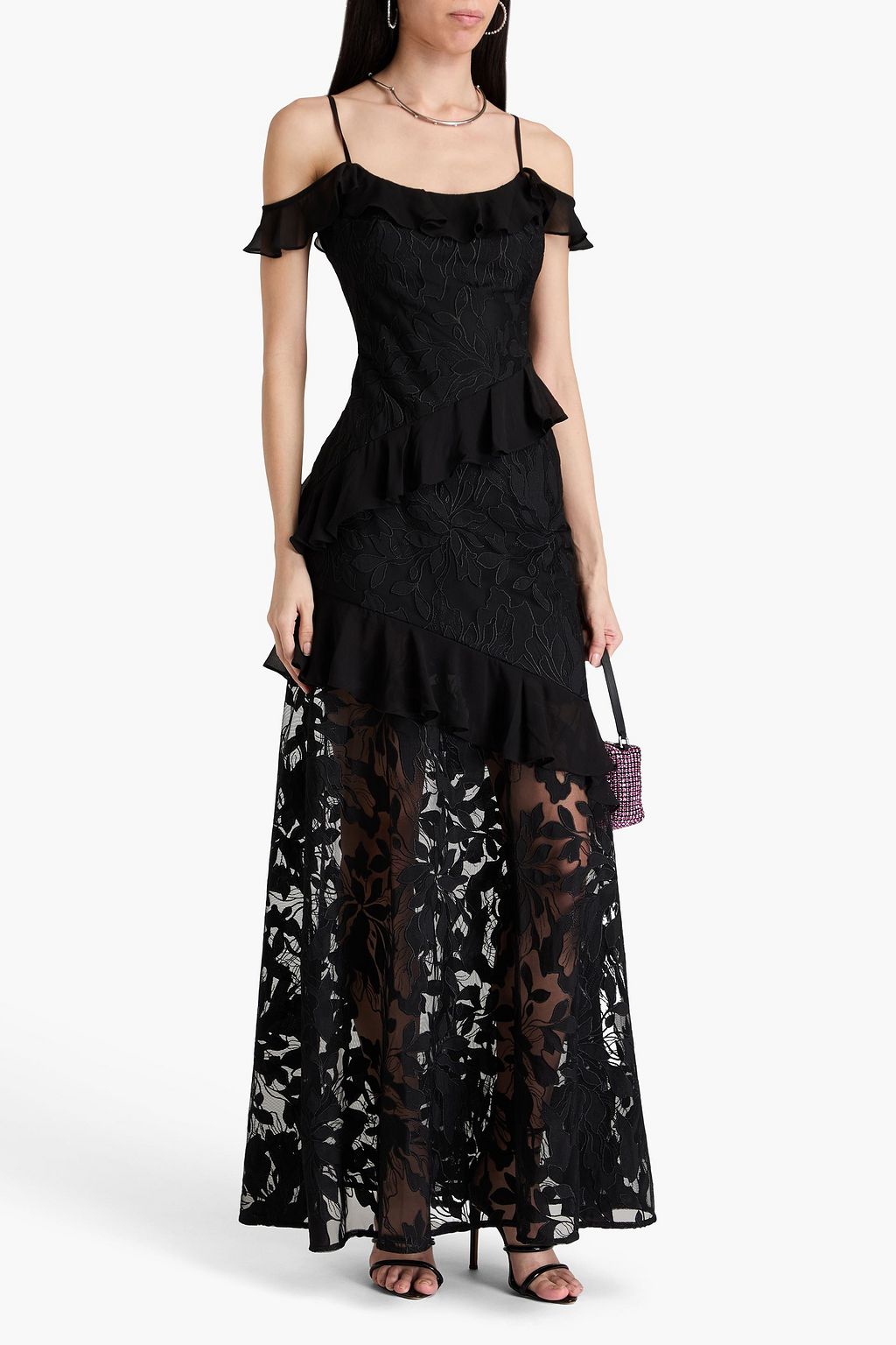 ML MONIQUE LHUILLIER Cold-shoulder ruffled embroidered tulle gown