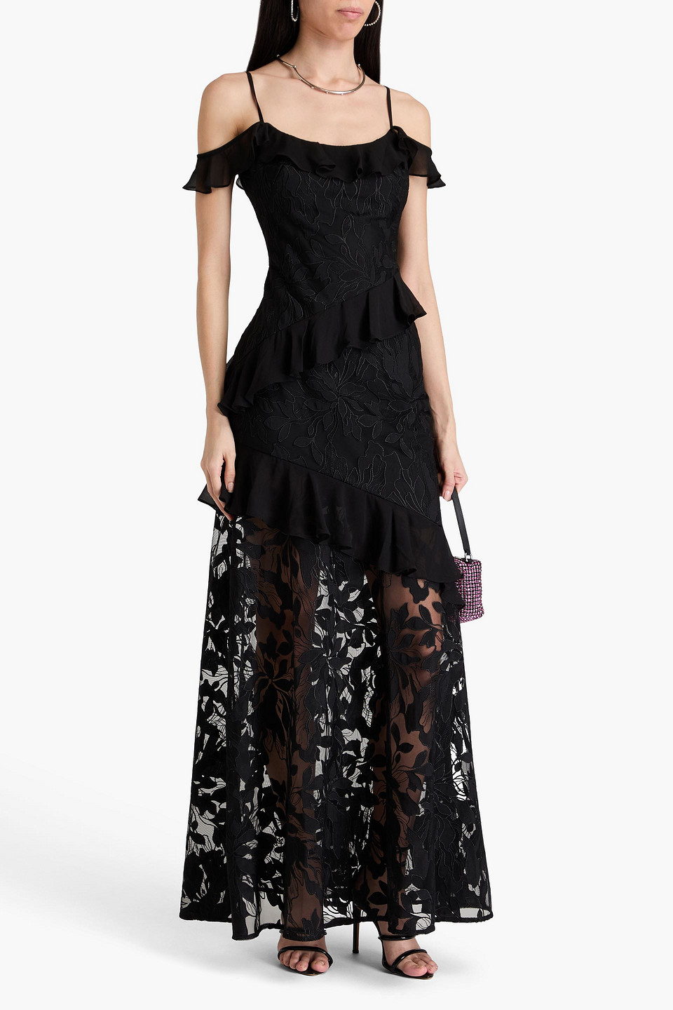ml Monique Lhuillier Siennaruffle Cold Shoulder Lace Gown Dress In Black In Black