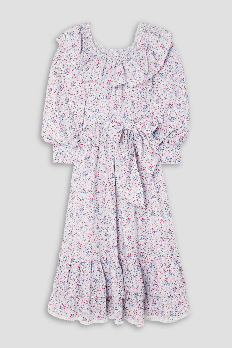 Batsheva Laura Ashley Wednesday Belted Ruffled Tiered Floral-print Cotton-poplin Midi Dress In White