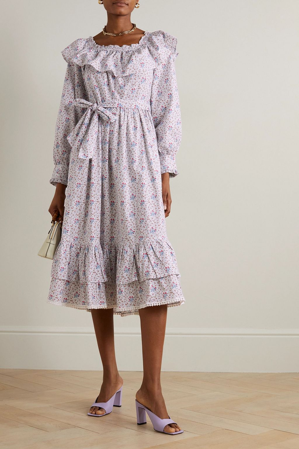 BATSHEVA X LAURA ASHLEY + 로라 애슐리 웬즈데이 벨트 러플 티어드 플로럴 프린트 코튼 포플린 미디 드레스