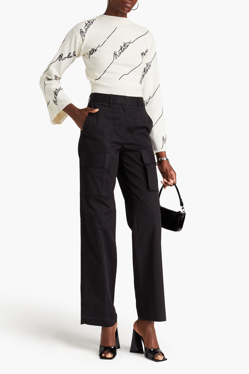 Rotate Birger Christensen Cropped Sequin-embellished Cotton-blend Sweater In Ivory