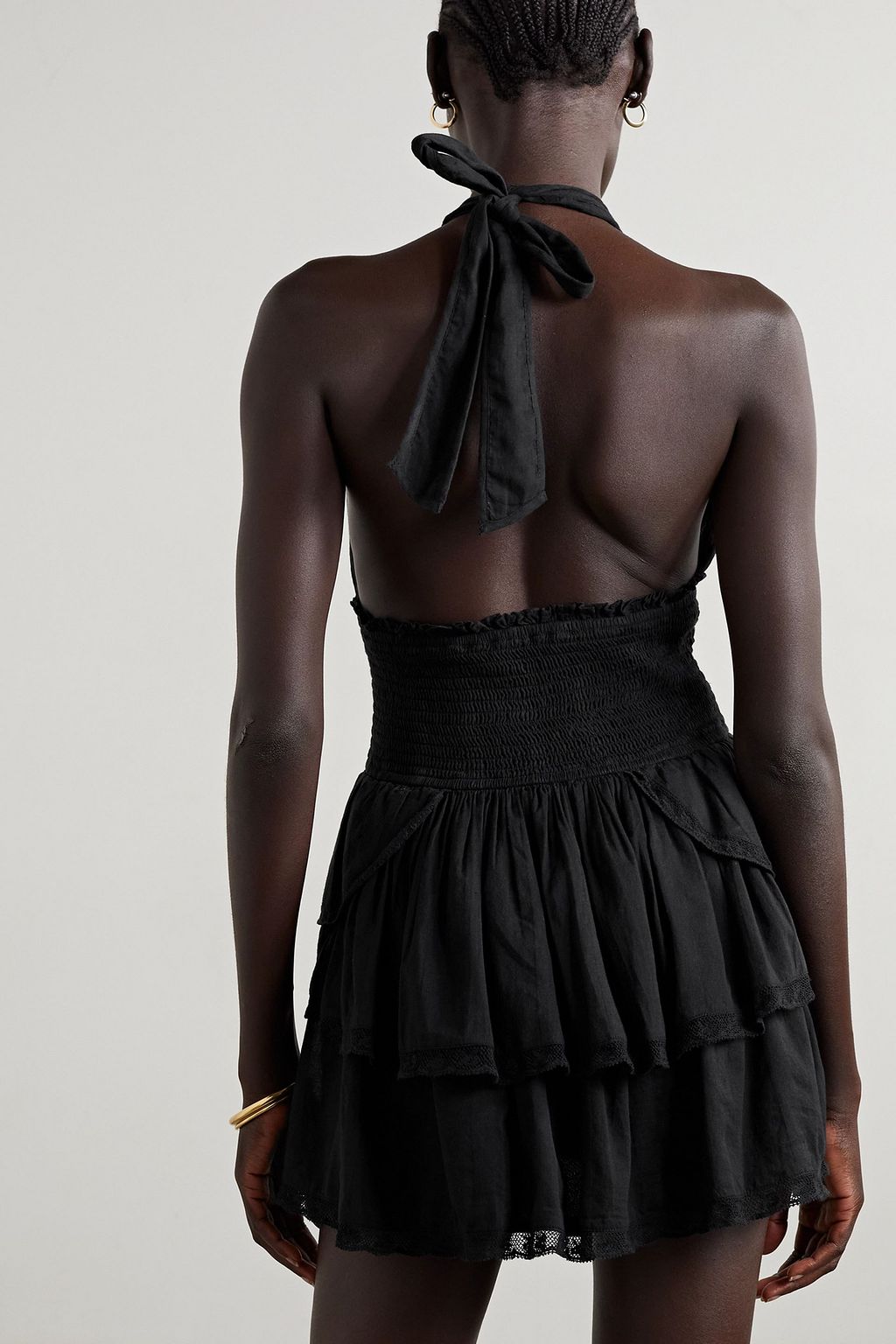 LOVESHACKFANCY Deanna shirred ruffled cotton halterneck mini dress