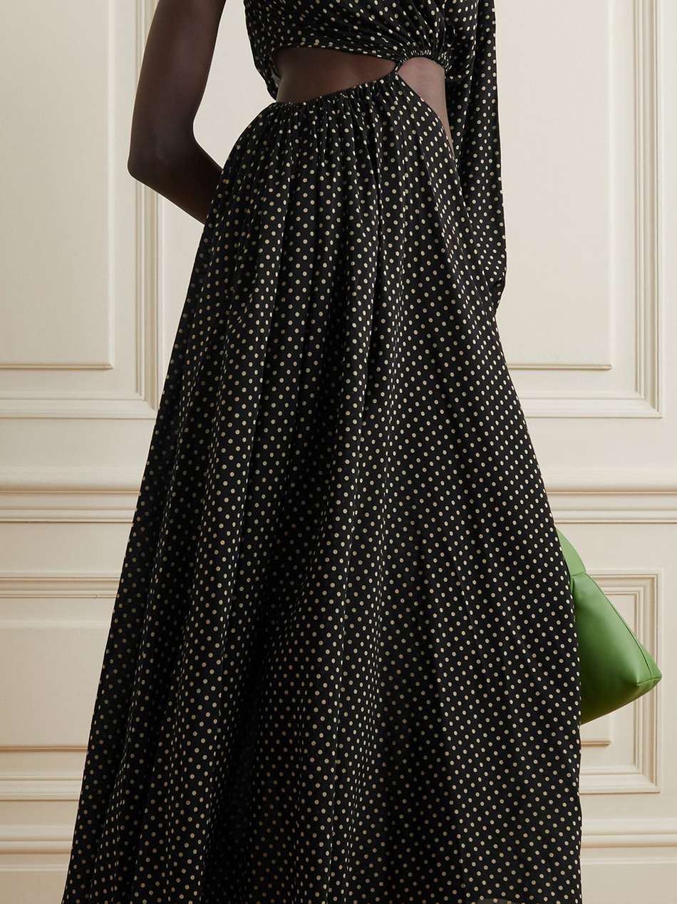asymmetric cutout polka-dot cotton and silk-blend maxi dress