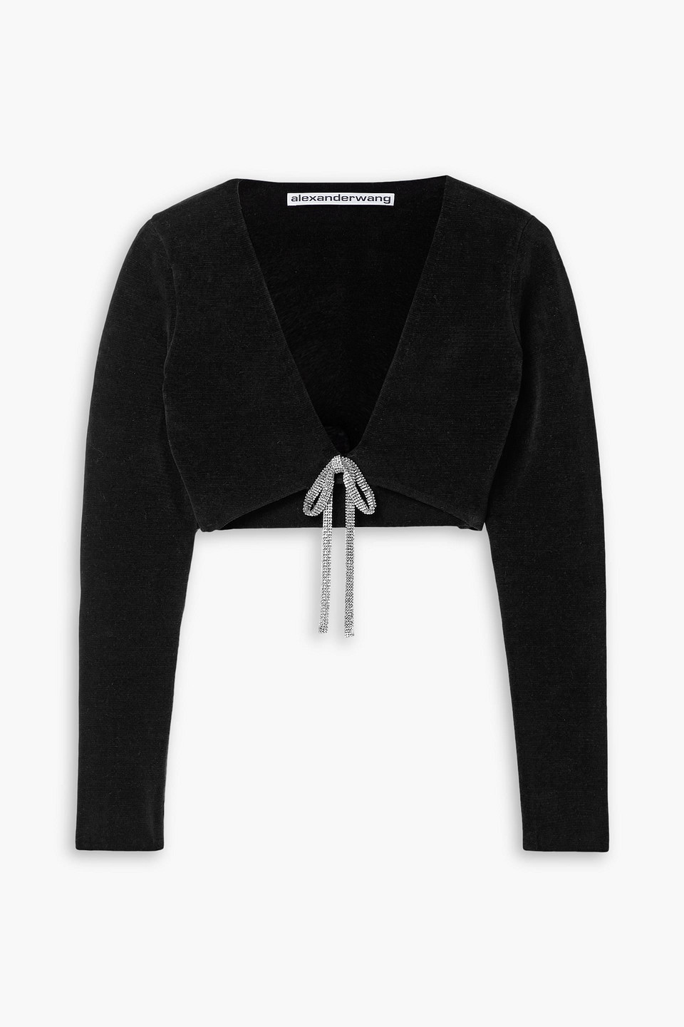 Alexander Wang Cropped Crystal-embellished Cotton-blend Chenille Cardigan In Black