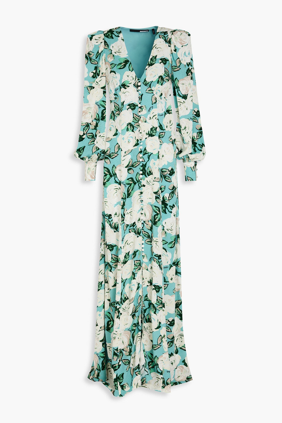 Rotate Birger Christensen Maja Floral-print Satin-jacquard Maxi Dress In Turquoise