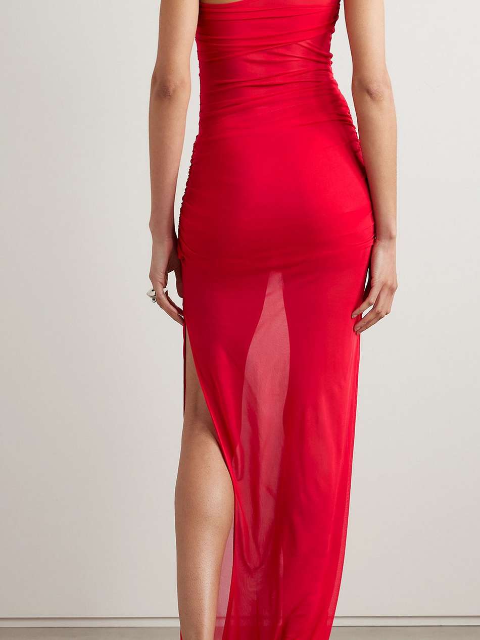 moni one-shoulder ruched mesh maxi dress