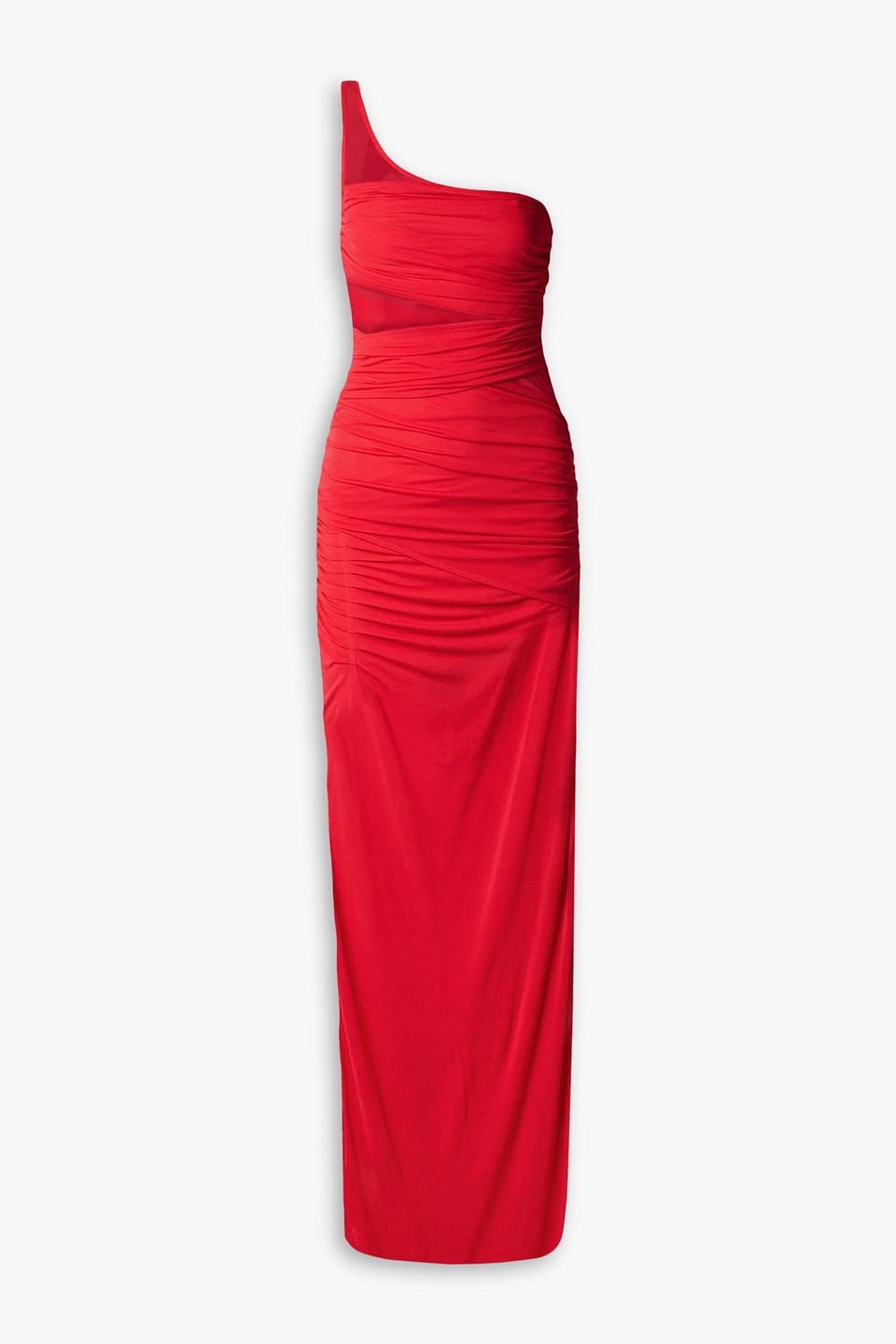 Moni one-shoulder ruched mesh maxi dress