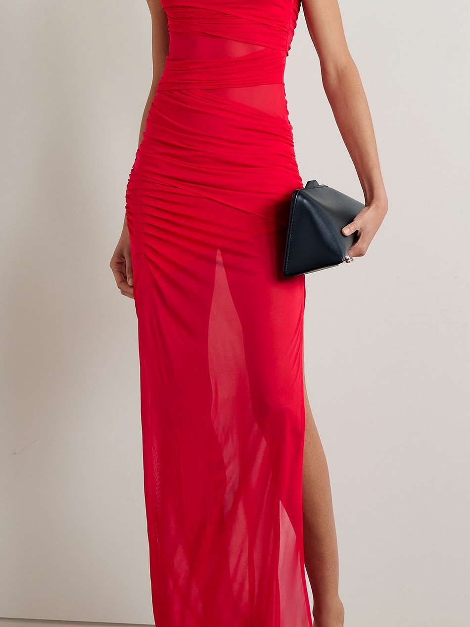 moni one-shoulder ruched mesh maxi dress