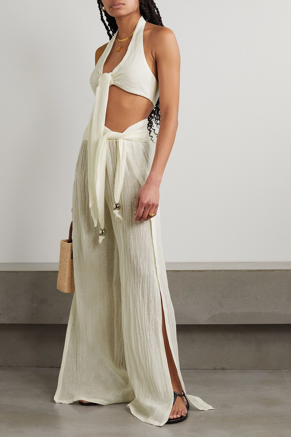 LISA MARIE FERNANDEZ FARRAH CROPPED LINEN-BLEND GAUZE HALTERNECK TOP