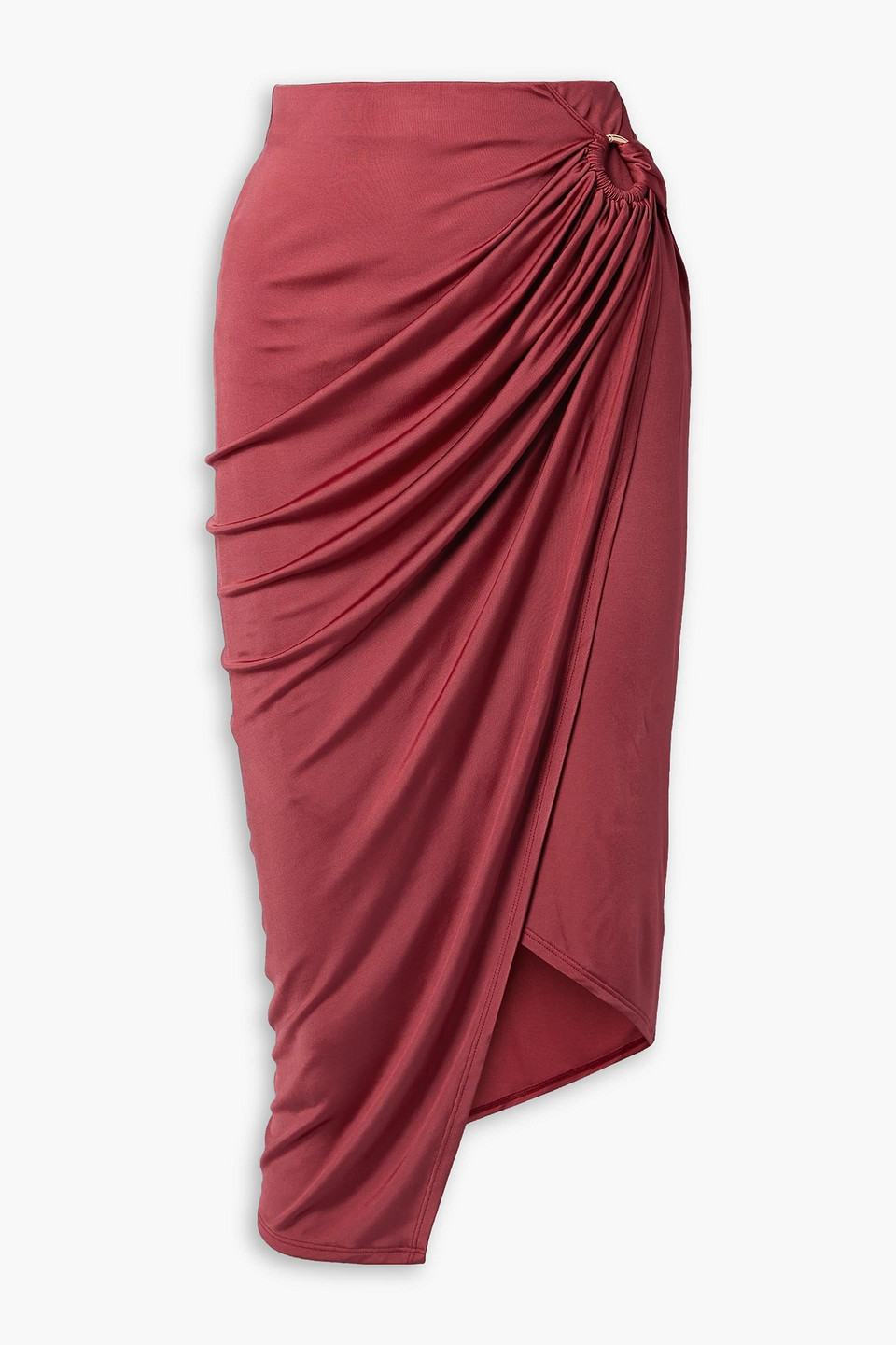 Louisa Ballou Coastline Ring-embellished Wrap-effect Stretch-jersey Midi Skirt In Claret