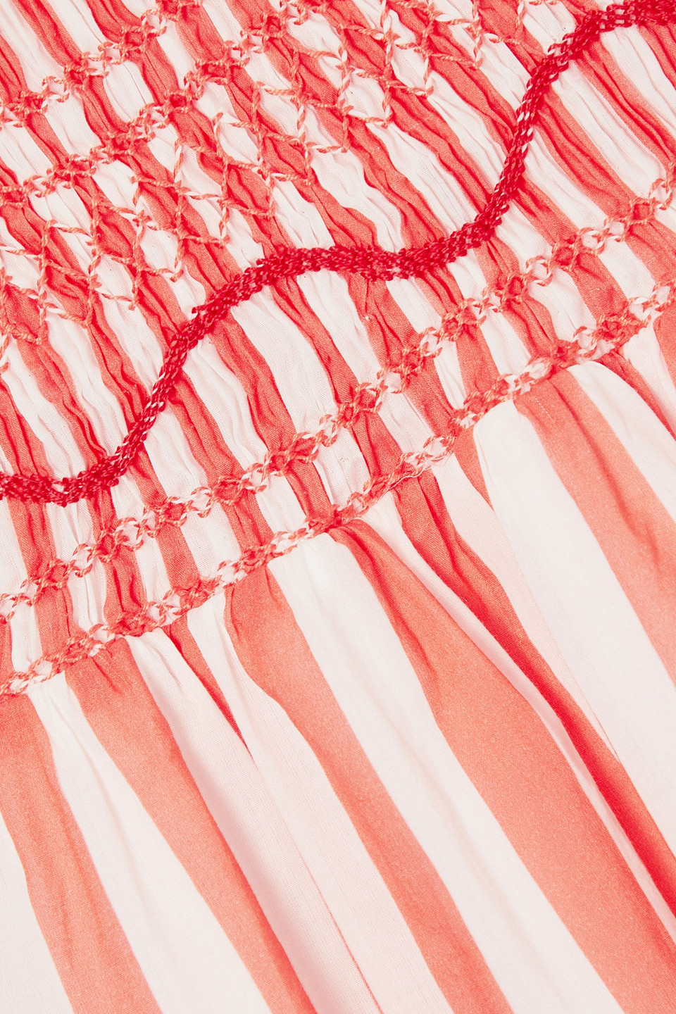 Loretta Caponi Gioia Embroidered Striped Cotton-poplin Maxi Dress In Coral