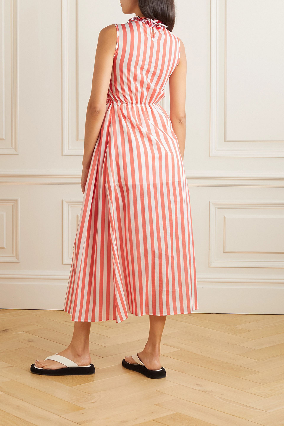 Loretta Caponi Gioia Embroidered Striped Cotton-poplin Maxi Dress In Coral