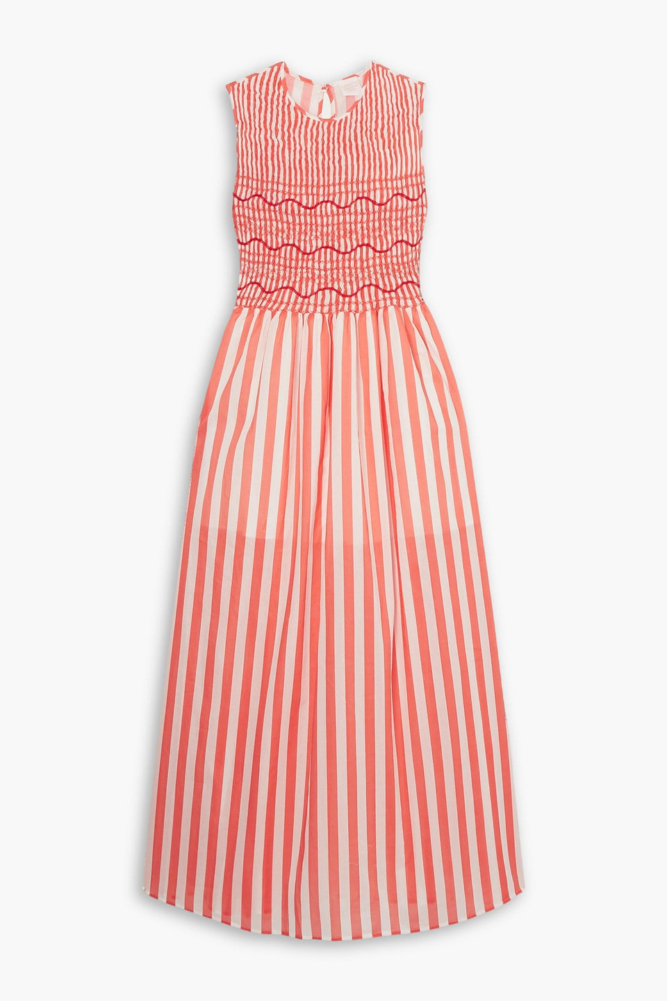 Loretta Caponi Gioia Embroidered Striped Cotton-poplin Maxi Dress In Coral