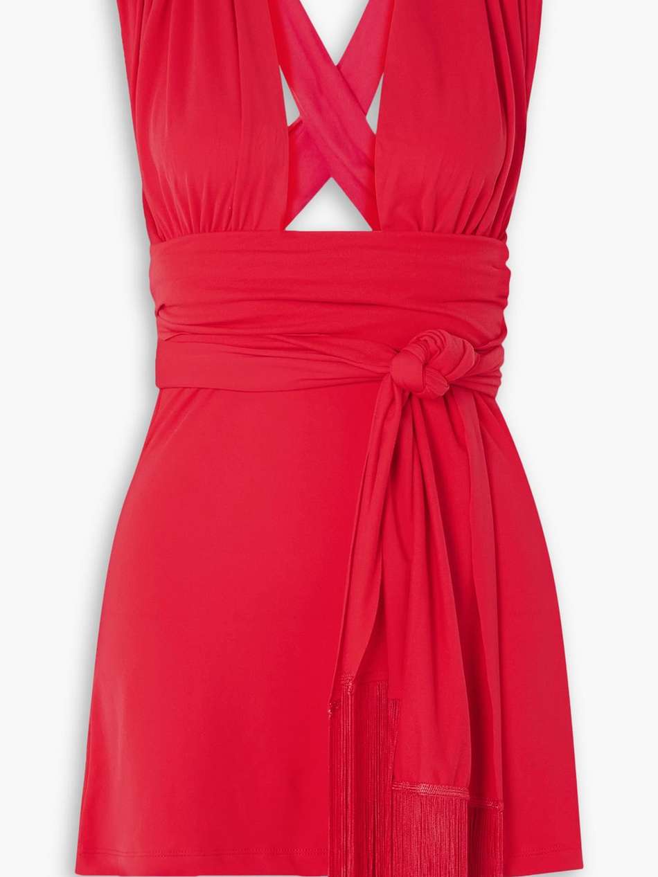 amina tie-detailed fringed stretch-jersey mini dress