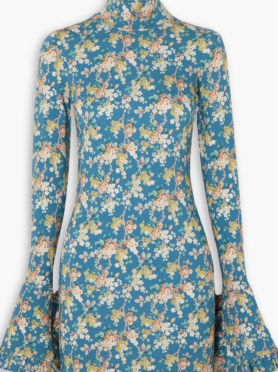 open-back ruffled floral-print stretch-jersey turtleneck mini dress