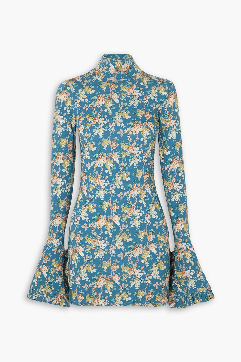 Les Rêveries Open-back Ruffled Floral-print Stretch-jersey Turtleneck Mini Dress In Blue