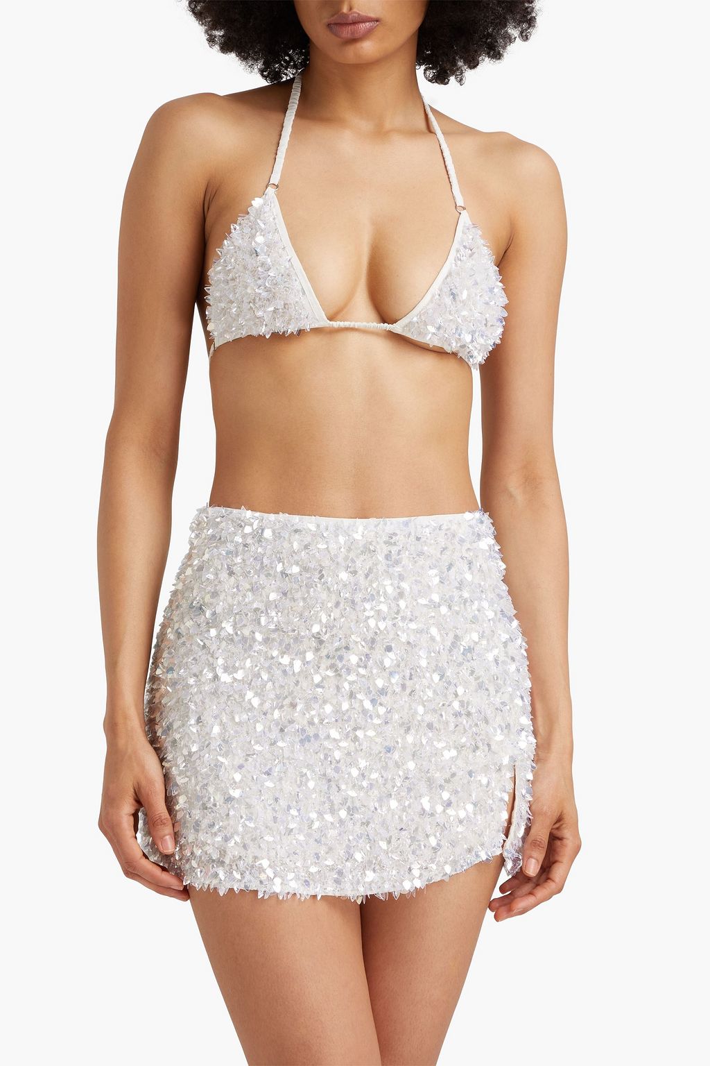 LESLIE AMON Crushed Shell embellished stretch-chiffon bikini top and mini skirt set