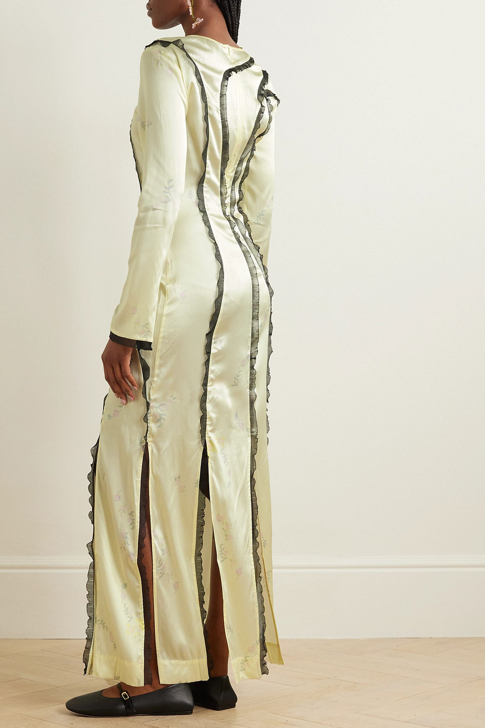 Ganni Lace-trimmed Floral-print Stretch-organic Silk-satin Maxi Dress In Pastel Yellow
