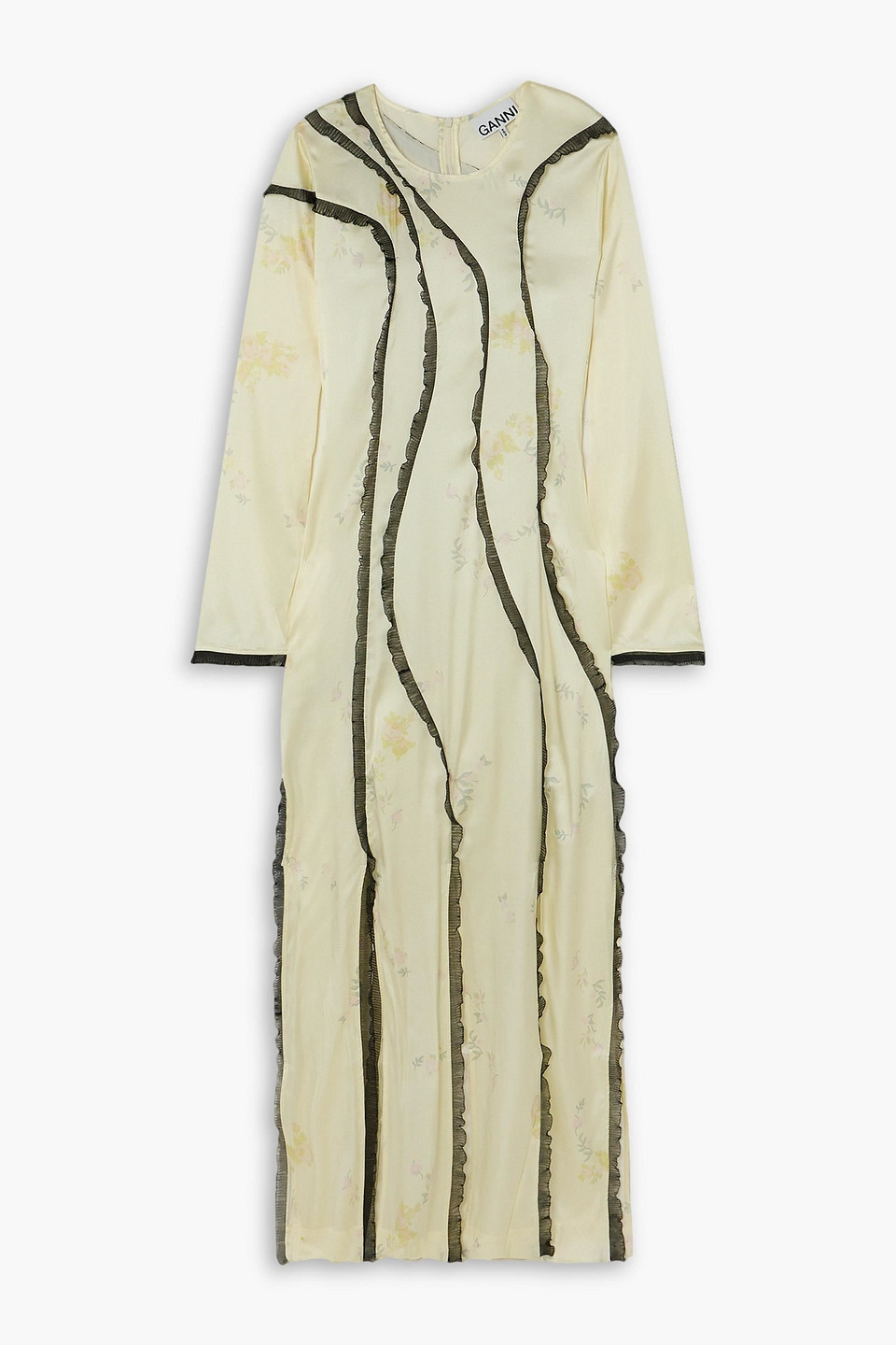 Ganni Lace-trimmed Floral-print Stretch-organic Silk-satin Maxi Dress In Pastel Yellow
